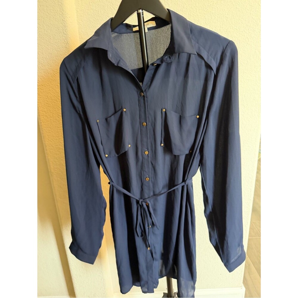 Umgee Navy Blue Long Sleeve Button Down Tie Mini Shirt Dress L